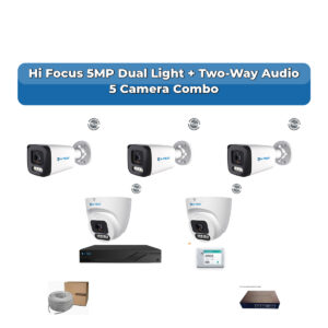 Hi Focus 5 Camera 5MP IP CCTV Combo Kit | Dual Light + Two-Way Audio | 8CH Recorder | 1×1TB HDD