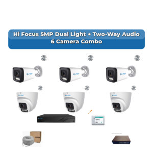 Hi Focus 6 Camera 5MP IP CCTV Combo Kit | Dual Light + Two-Way Audio | 8CH Recorder | 1×1TB HDD
