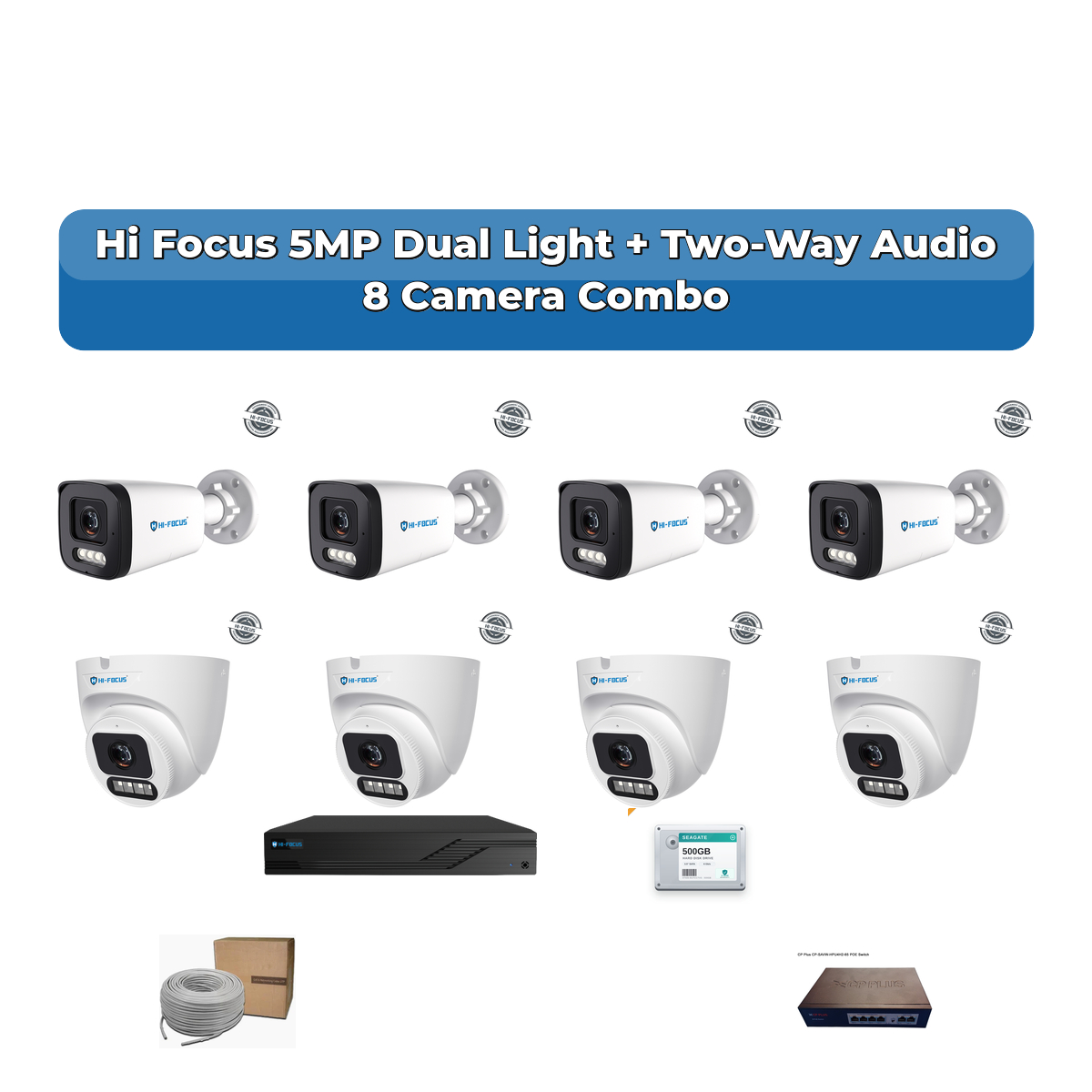 Hi Focus 8 Camera 5MP IP CCTV Combo Kit | Dual Light + Two-Way Audio | 8CH Recorder | 1ร1TB HDD 1 Hi Focus 8 Camera 5MP IP CCTV Combo Kit | Dual Light + Two-Way Audio | 8CH Recorder | 1ร1TB HDD