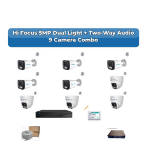 Hi Focus 9 Camera 5MP IP CCTV Combo Kit | Dual Light + Two-Way Audio | 16CH Recorder | 1×2TB HDD