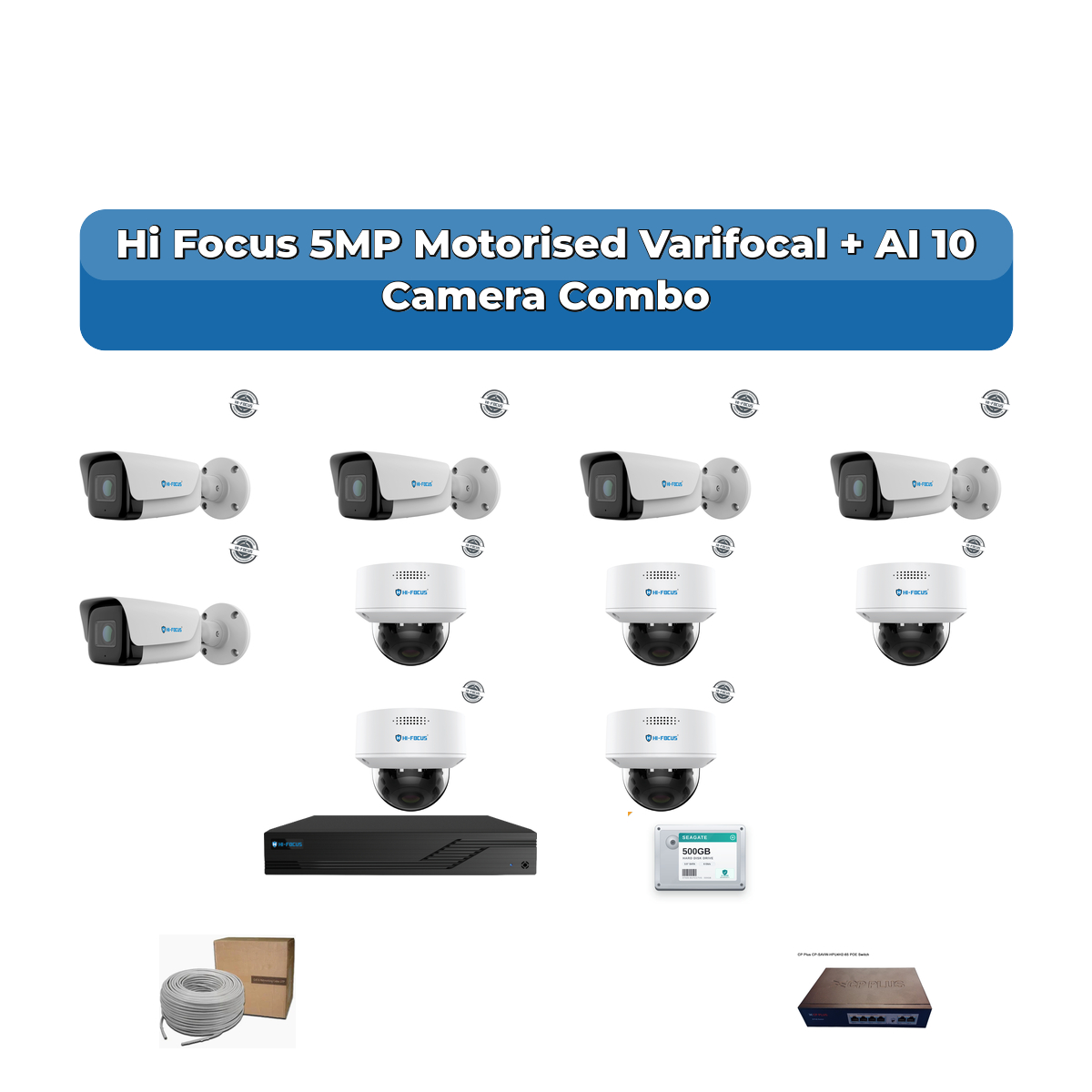 Hi Focus 10 Camera 5MP IP CCTV Combo Kit | Motorised Varifocal + AI + Mic | 16CH Recorder | 1ร2TB HDD 1 Hi Focus 10 Camera 5MP IP CCTV Combo Kit | Motorised Varifocal + AI + Mic | 16CH Recorder | 1ร2TB HDD