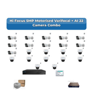 Hi Focus 22 Camera 5MP IP CCTV Combo Kit | Motorised Varifocal + AI + Mic | 32CH Recorder | 2×4TB HDD