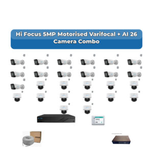 Hi Focus 26 Camera 5MP IP CCTV Combo Kit | Motorised Varifocal + AI + Mic | 32CH Recorder | 1×4TB + 1×6TB HDD