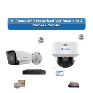 Hi Focus 2 Camera 5MP IP CCTV Combo Kit | Motorised Varifocal + AI + Mic | 4CH Recorder | 1×500GB HDD