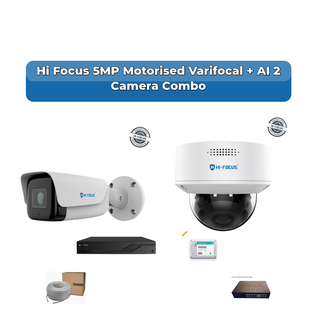 Hi Focus 2 Camera 5MP IP CCTV Combo Kit | Motorised Varifocal + AI + Mic | 4CH Recorder | 1ร500GB HDD 1 Hi Focus 2 Camera 5MP IP CCTV Combo Kit | Motorised Varifocal + AI + Mic | 4CH Recorder | 1ร500GB HDD
