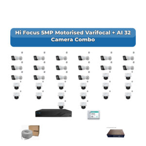 Hi Focus 32 Camera 5MP IP CCTV Combo Kit | Motorised Varifocal + AI + Mic | 32CH Recorder | 2×6TB HDD