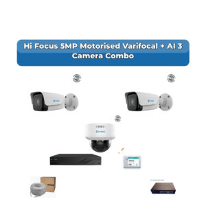 Hi Focus 3 Camera 5MP IP CCTV Combo Kit | Motorised Varifocal + AI + Mic | 4CH Recorder | 1×500GB HDD