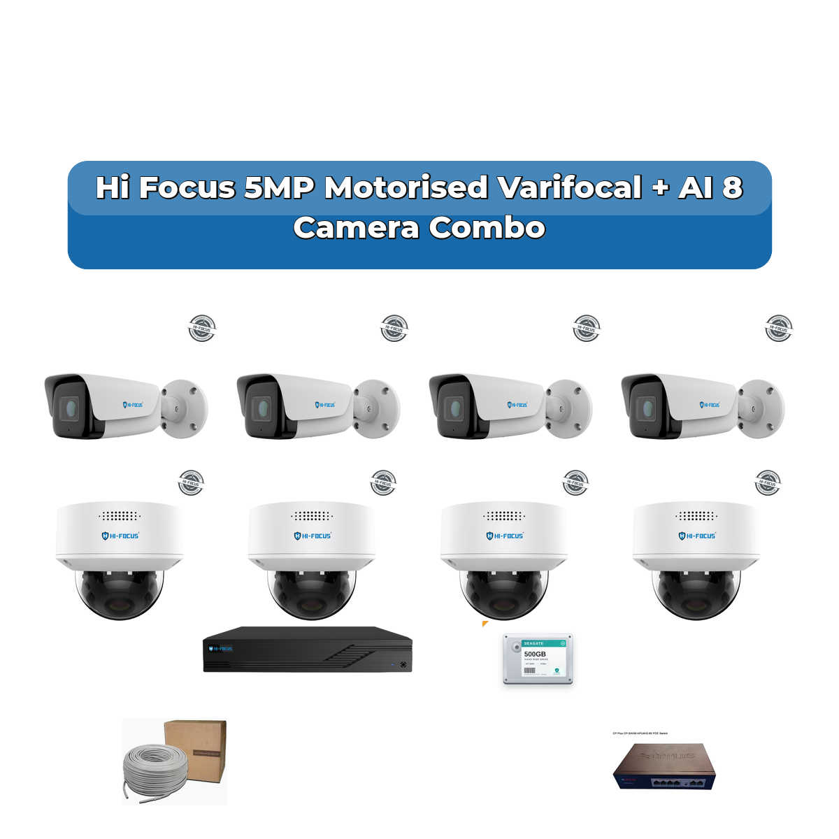 Hi Focus 8 Camera 5MP IP CCTV Combo Kit | Motorised Varifocal + AI + Mic | 8CH Recorder | 1ร1TB HDD 1 Hi Focus 8 Camera 5MP IP CCTV Combo Kit | Motorised Varifocal + AI + Mic | 8CH Recorder | 1ร1TB HDD
