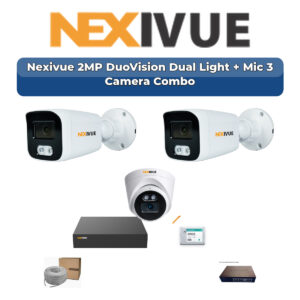 Nexivue 3 Camera 2MP IP CCTV Combo Kit | DuoVision Dual Light + Mic | 9CH NVR | 1×500GB HDD