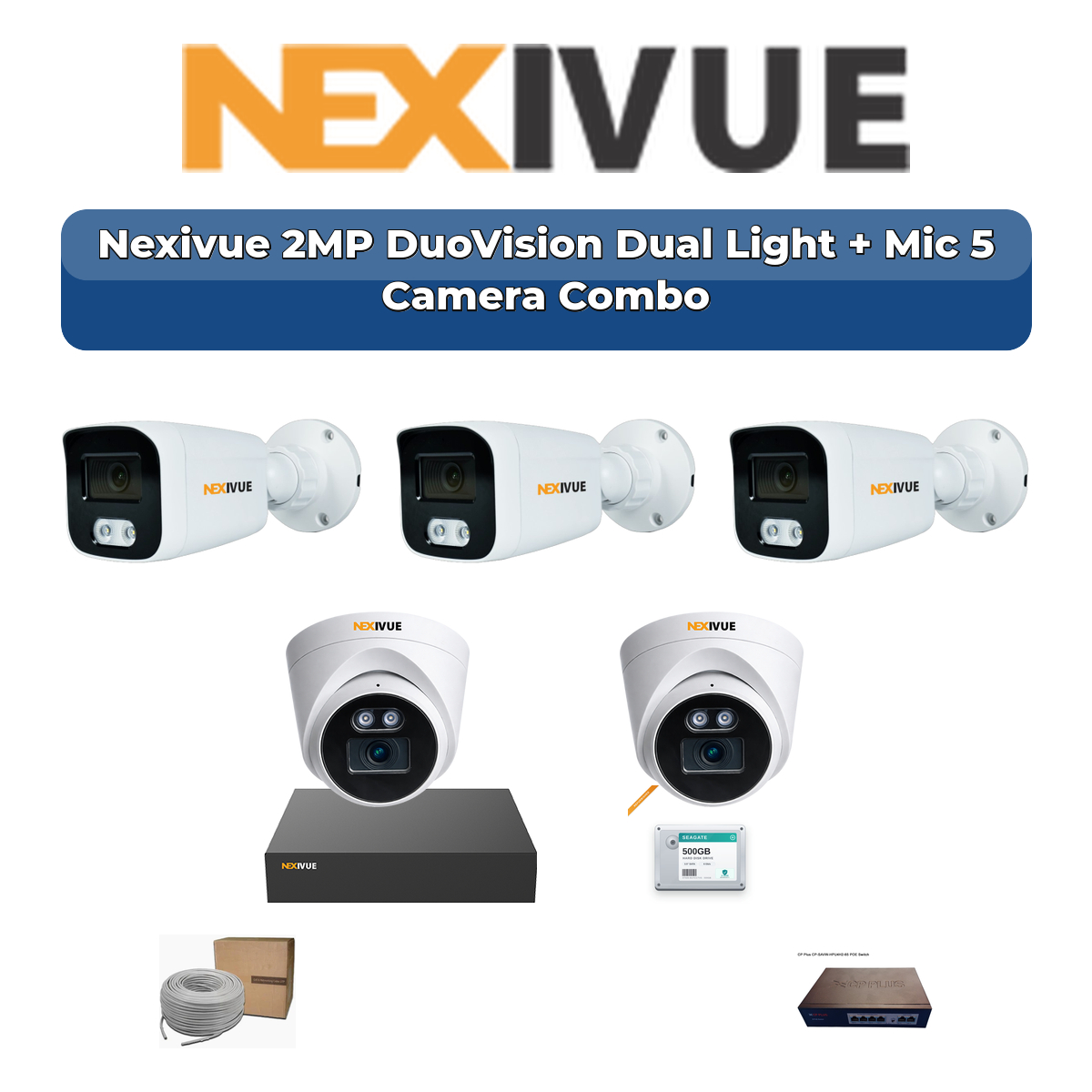 Nexivue 5 Camera 2MP IP CCTV Combo Kit | DuoVision Dual Light + Mic | 9CH NVR | 1×1TB HDD 1 Nexivue 5 Camera 2MP IP CCTV Combo Kit | DuoVision Dual Light + Mic | 9CH NVR | 1×1TB HDD