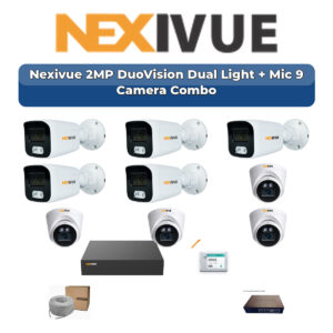 Nexivue 9 Camera 2MP IP CCTV Combo Kit | DuoVision Dual Light + Mic | 9CH NVR | 1×2TB HDD