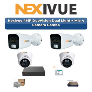 Nexivue 4 Camera 4MP IP CCTV Combo Kit | DuoVision Dual Light + Mic | 9CH NVR | 1×500GB HDD