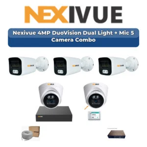 Nexivue 5 Camera 4MP IP CCTV Combo Kit | DuoVision Dual Light + Mic | 9CH NVR | 1×1TB HDD