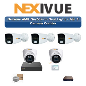 Nexivue 5 Camera 4MP IP CCTV Combo Kit | DuoVision Dual Light + Mic | 9CH NVR | 1×1TB HDD