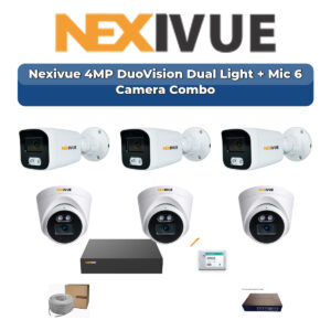 Nexivue 6 Camera 4MP IP CCTV Combo Kit | DuoVision Dual Light + Mic | 9CH NVR | 1×1TB HDD