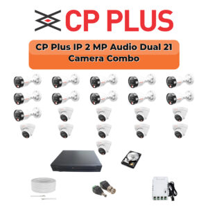 CP Plus 21 Camera 2MP IP CCTV Combo Kit | Dual Light + Mic | 32CH NVR | 2×4TB HDD