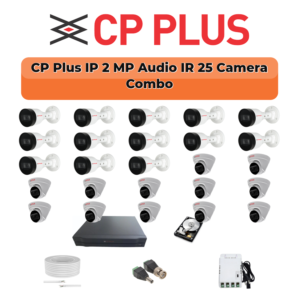 CP Plus 25 Camera 2MP IP CCTV Combo Kit | Smart IR + Mic | 32CH NVR | 1ร4TB + 1ร6TB HDD 1 CP Plus 25 Camera 2MP IP CCTV Combo Kit | Smart IR + Mic | 32CH NVR | 1ร4TB + 1ร6TB HDD