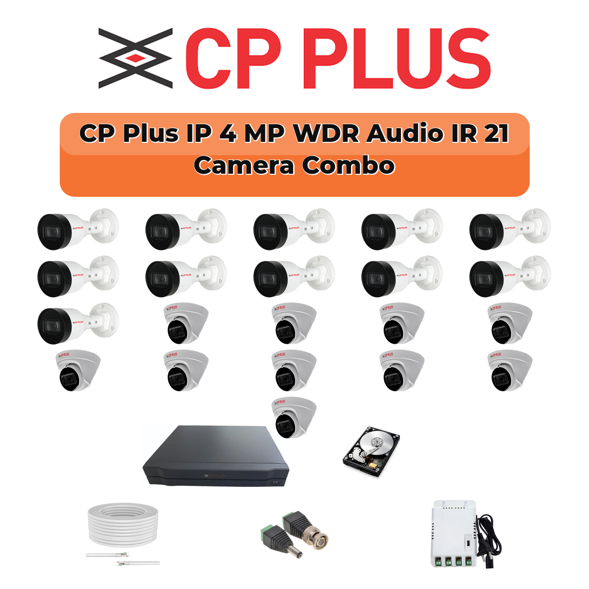 CP Plus 21 Camera 4MP IP CCTV Combo Kit | Smart IR + WDR + Mic | 32CH NVR | 2ร4TB HDD 1 CP Plus 21 Camera 4MP IP CCTV Combo Kit | Smart IR + WDR + Mic | 32CH NVR | 2ร4TB HDD