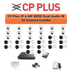 CP Plus 32 Camera 4MP IP CCTV Combo Kit | Dual Light + WDR + Mic | 32CH NVR | 2×6TB HDD