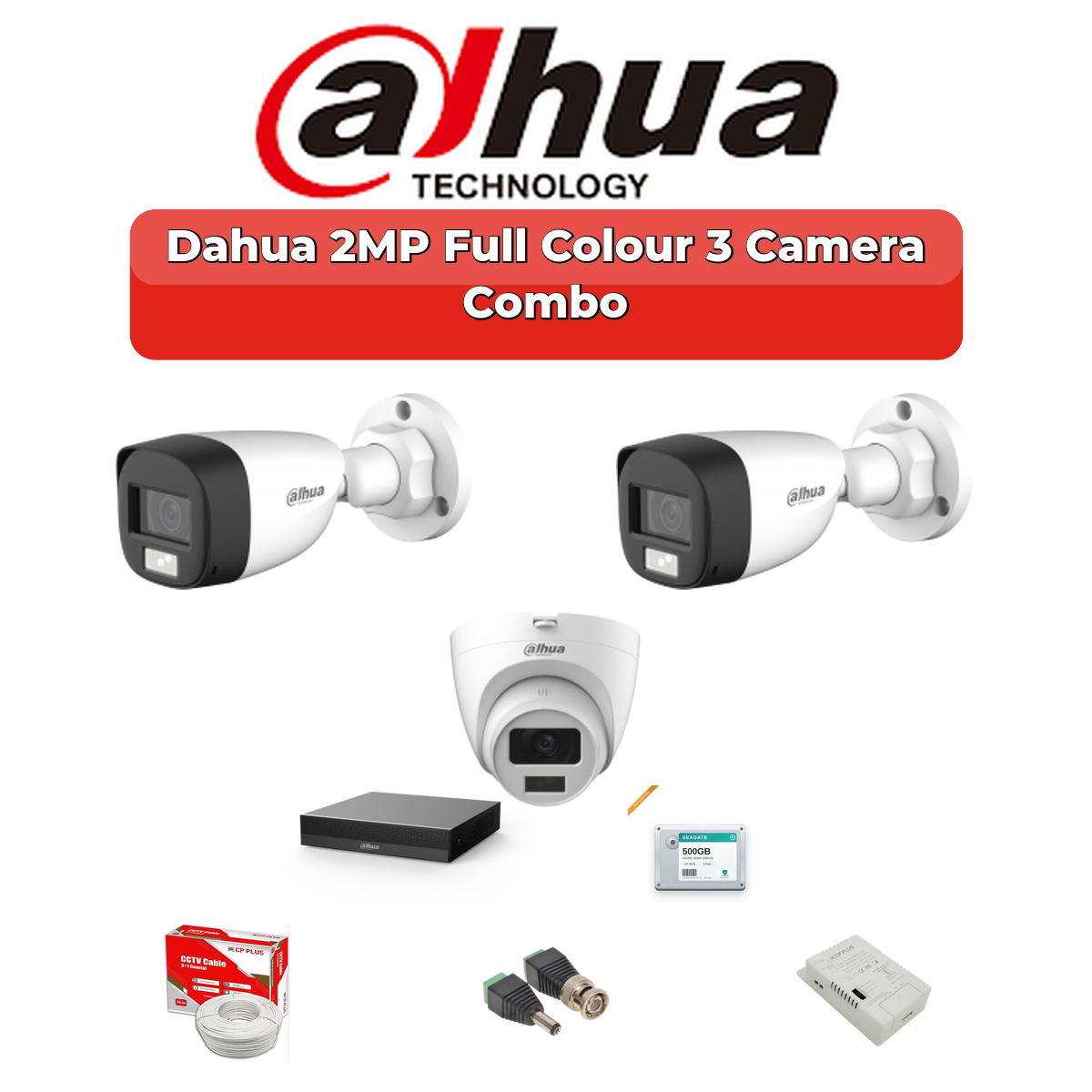 Dahua 3 Camera 2MP HD Combo Kit | Full Colour + Mic | 4CH XVR | 500GB HDD 1 Dahua 3 Camera 2MP HD Combo Kit | Full Colour + Mic | 4CH XVR | 500GB HDD