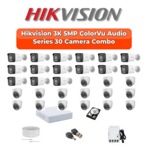 Hikvision 30 Camera 3K HD CCTV Combo Kit | 3K ColorVu + Mic | 32CH XVR / DVR | 2×6TB HDD