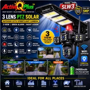 Active Q Plus SLW3 5MP WiFi 3-Lens PTZ Solar Streetlight Camera | 24000mAh | V380 Pro