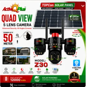 Active Q Plus Z30 5-Lens Quad-View Solar PTZ Camera | 12000mAh | V380 Pro