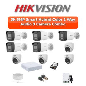 Hikvision 9 Camera 5MP HD CCTV Combo Kit | Two-Way Audio + Smart Hybrid Light | 16CH DVR / XVR | 1×2TB