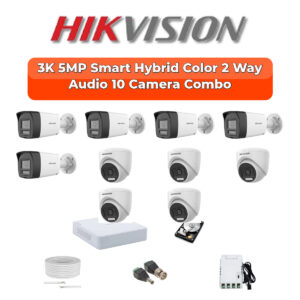 Hikvision 10 Camera 5MP HD CCTV Combo Kit | Two-Way Audio + Smart Hybrid Light | 16CH DVR / XVR | 1×2TB