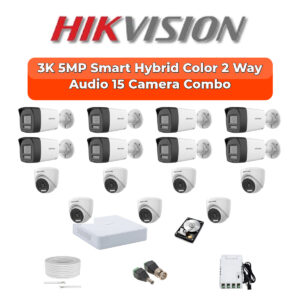 Hikvision 15 Camera 5MP HD CCTV Combo Kit | Two-Way Audio + Smart Hybrid Light | 16CH DVR / XVR | 1×4TB