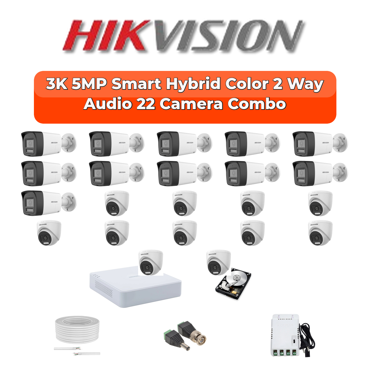 Hikvision 22 Camera 5MP HD CCTV Combo Kit | Two-Way Audio + Smart Hybrid Light | 32CH DVR / XVR | 2×4TB 1 Hikvision 22 Camera 5MP HD CCTV Combo Kit | Two-Way Audio + Smart Hybrid Light | 32CH DVR / XVR | 2×4TB