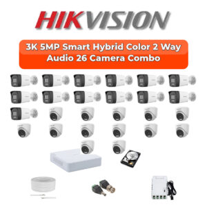 Hikvision 26 Camera 5MP HD CCTV Combo Kit | Two-Way Audio + Smart Hybrid Light | 32CH DVR / XVR | 1×4TB + 1×6TB