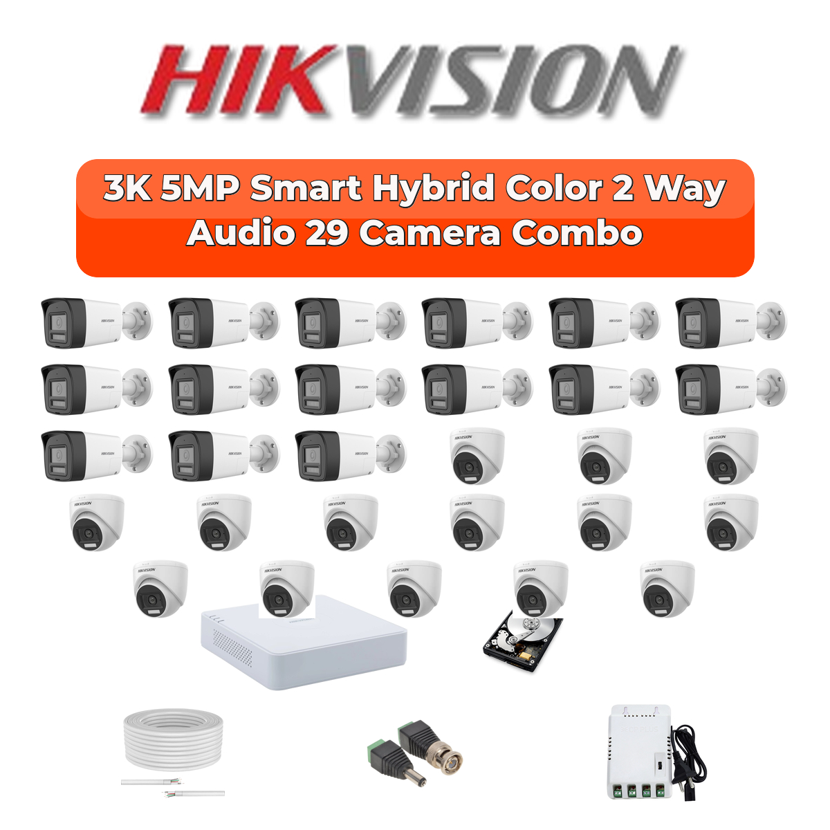 Hikvision 29 Camera 5MP HD CCTV Combo Kit | Two-Way Audio + Smart Hybrid Light | 32CH DVR / XVR | 2×6TB 1 Hikvision 29 Camera 5MP HD CCTV Combo Kit | Two-Way Audio + Smart Hybrid Light | 32CH DVR / XVR | 2×6TB