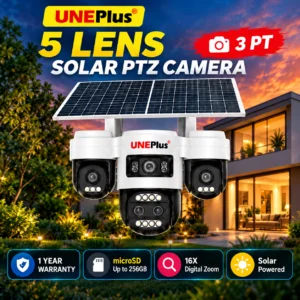 UNEPlus 5 Lens 5MP AOV Solar PTZ Camera | 3 PT | 16X Digital Zoom | 1 Year Warranty