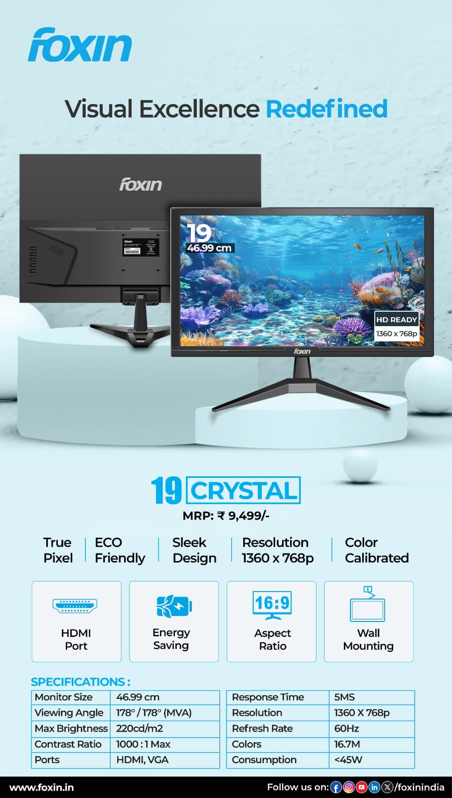 Foxin Crystal 19 Inch LED Monitor | HDMI + VGA | 60Hz, 5ms | 1 Year Warranty 1 Foxin Crystal 19-inch LED monitor with HDMI and VGA - manufacturer catalogue